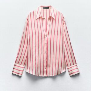 Zara Pink White Striped Satin Button-Up Blouse